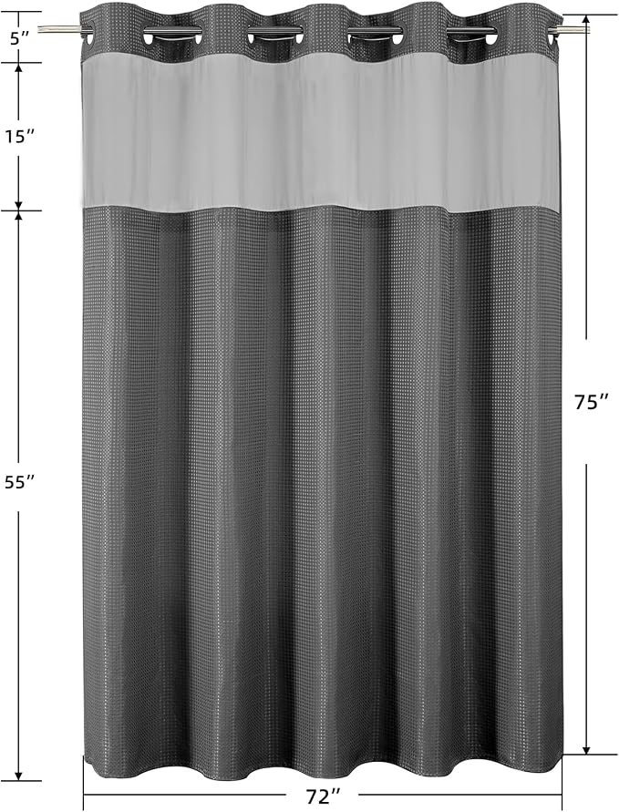 Colorful Star Charcoal Grey No Hook Waffle Shower Curtain Set, 72 x 75 Inch | Snap-In Fabric Liner, Mesh Top Window, Heavy-Duty Waffle Fabric, Waterproof Hotel Style Shower Curtain for Bathroom