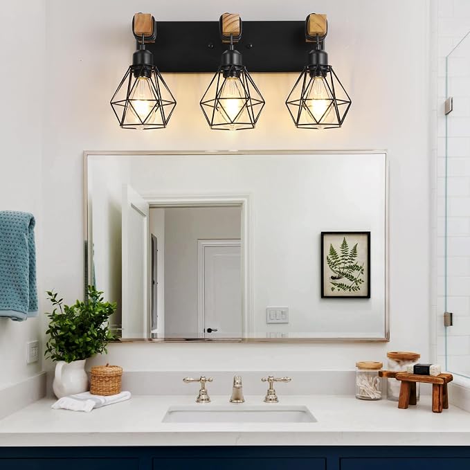 VbiTmn Bathroom Light Fixtures,3 Light Black Farmhouse Wood Vanity Lights | Rustic Design, Diamond Metal Shades, Easy to Install, Wall Sconces for Bathroom, Bedroom, Makeup Area, Over Vanity Mirror