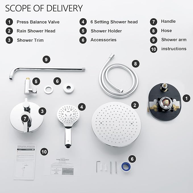 Bathroom Shower Faucet Set Wall Mounted Rainfall Shower System 10 Inches High Pressure Shower Head and Multifunctional Shower Handheld, Included Rough-in Valve and Trim Kit Polished Chrome
