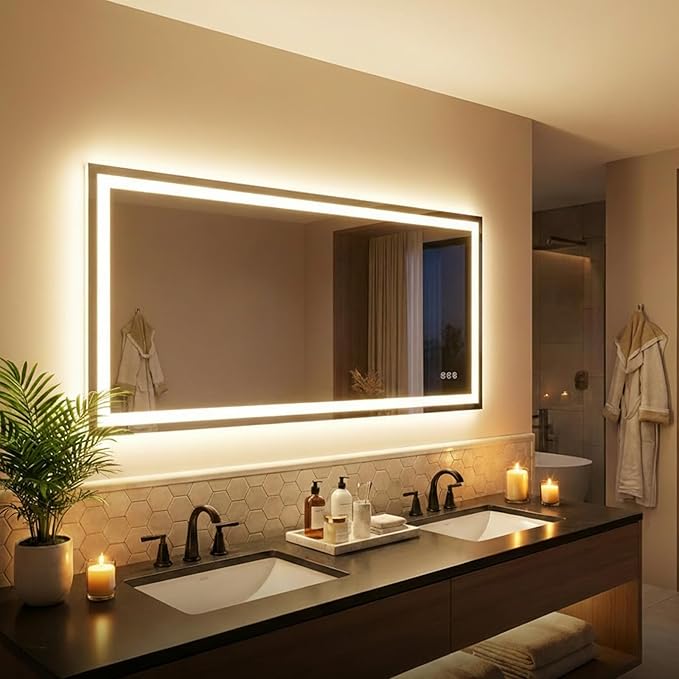 48"x 32" LED Bathroom Mirror with Light, Front and Backlit LED Mirror for Bathroom, Anti-Fog, Stepless Dimmable, 3 Colors, LED Vanity Mirror with Lights, Memory Function, Tempered Glass