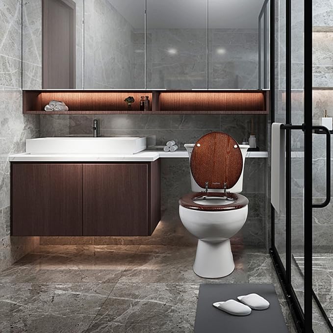 Angel Shield Durable Wood Veneer Natural Toilet Seat Metal Hinged Easy Clean Anti-scratch American Standard(Round,Dark Walnut)
