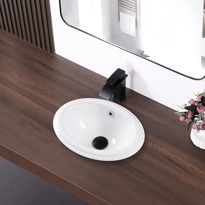 Bathroom Vessel Sink 16'' x 12'' Semi Recessed Bathroom Sink Oval Drop-in Vanity Sink with Overflow White Ceramic Modern Art Basin