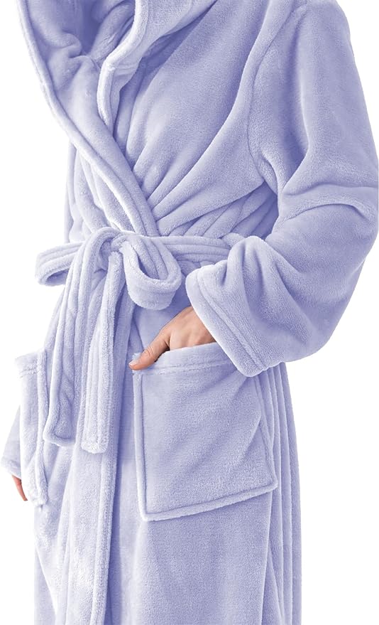 Robes for Women - Hooded Plush Fleece Bathrobe with Sash & Pockets, Full-Length Lightweight Spa Robe