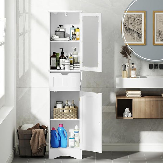 COSTWAY 67” Tall Bathroom Storage Cabinet, Freestanding Floor Cabinet with 2 Doors & 1 Drawer, 3-Level Adjustable Shelves, Narrow Slim Linen Tower for Bathroom, Living Room, Kitchen (White)