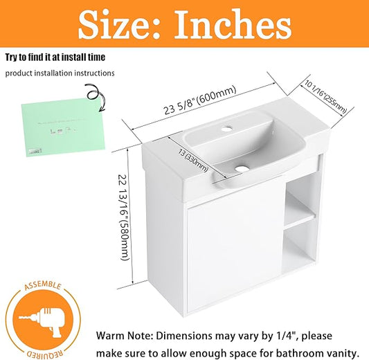 24" Wall-Mounted Bathroom Vanity with Ceramic Sink, 24 inch Floating Single Sink Vanity Cabinet Modern Brown 1-Door Design with Storage Shelf (Space-Saving for Small Bathrooms), White