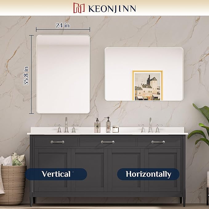 Keonjinn 24 x 36 Inch Brushed Nickel Bathroom Mirrors for Over Sink | HD Tempered Glass, Silver Vanity Mirror, Rust-Resistant Aluminum Frame, Rounded Rectangle, French Cleat Mount, Home Décor