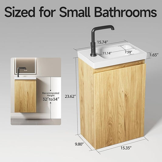 16" Japandi Floating Bathroom Vanity with Sink, Pre-Assembled Wall-Mounted Bathroom Vanity, Narrow Bathroom Vanity 10" D Solid Wood Vanity Cabinet, Engineered Stone Top, Soft-Close Hinge