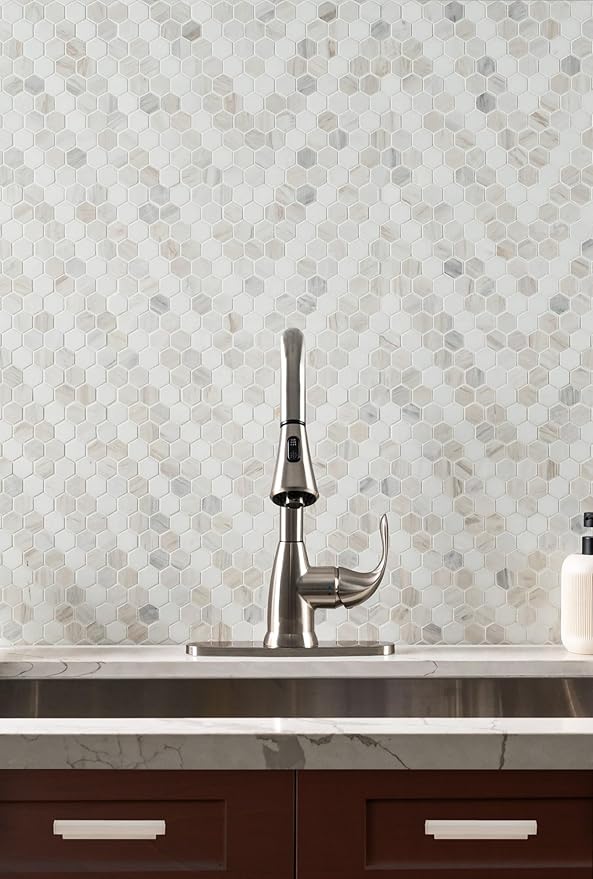 MSI Angora Sazi 11 in. x 14 in. Polished Marble Hexagon Tile for Kitchen Backsplash, Floor Tile, Wall Tile for Bathroom, Shower Wall Tile, Mesh Mounted Mosaic Tile