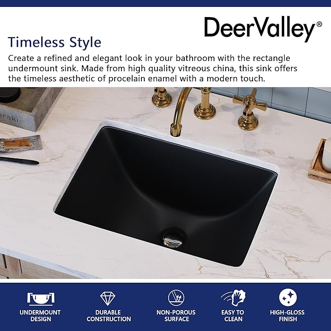 DeerValley Black Undermount Bathroom Sink 18'' x 13'' Rectangular Ceramic Bathroom Wash Basin with Overflow Hole DV-1U306B