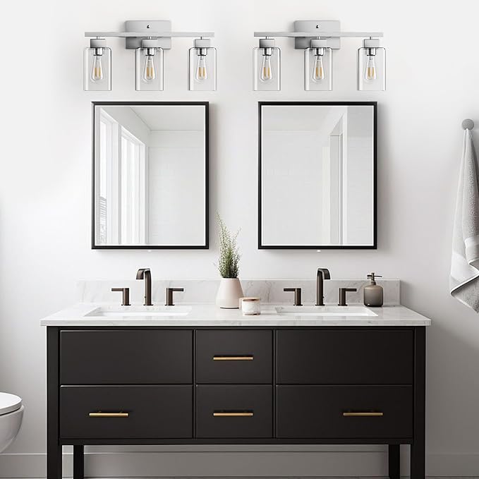3-Light Bathroom Light Fixtures, Brushed Nickel Modern Vanity Lights, Bathroom Lighting Fixtures Over Mirror, Square Design Farmhouse Wall Sconces with Clear Glass Shades