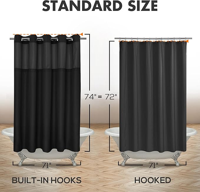 River Dream No Hook Slub Textured Shower Curtain with Snap-in PEVA Liner Set - 71" x 74"(72"), Hotel Style with See Through Top Window, Machine Washable & Water Repellent Fabric, Black, 71x74