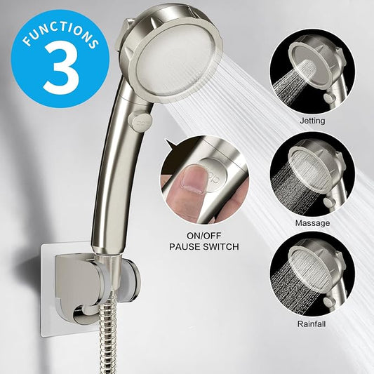Drill-Free High Pressure Handheld Shower Head with ON/OFF Switch, 3 Spray Modes - Brushed Nickel | 3 Spray Modes with ON/OFF Switch, Detachable Dog Shower Attachment, Pet Shower Wand with Bracket & Hose, Brushed Nickel