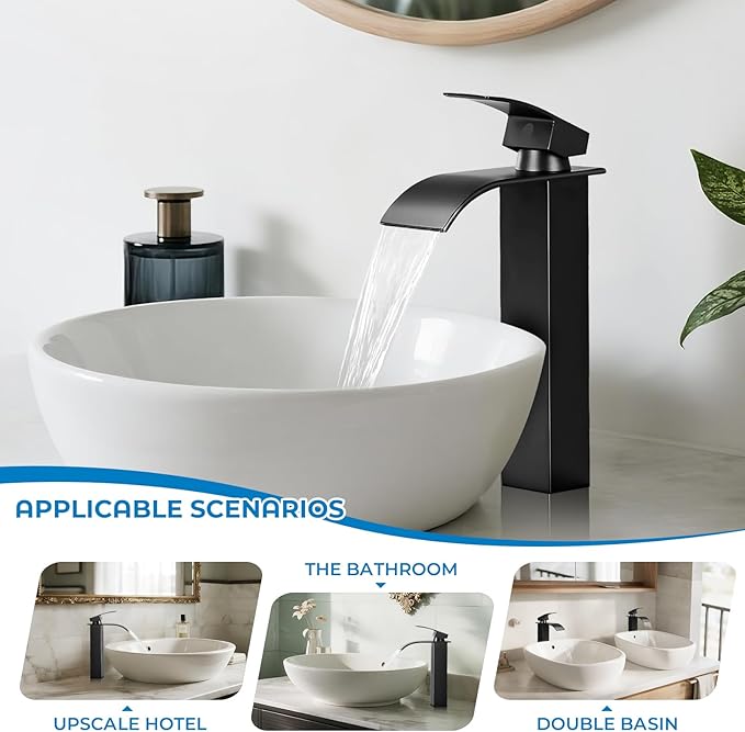 Black Tall Waterfall Bathroom Faucet for Vessel Sink with Drain | SUS 304 Stainless Steel, Single Handle, 1 Hole Sink, Tall Spout, Vessel Sink, Pop-Up Drain, Supply Hoses, NSF372 NSF61 cUPC
