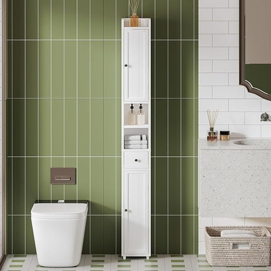 ChooChoo Narrow Bathroom Storage Cabinet with Adjustable Shelves, Tall Storage Cabinet with 2 Doors and 1 Drawer, Freestanding Cupboard for Small Spaces, White