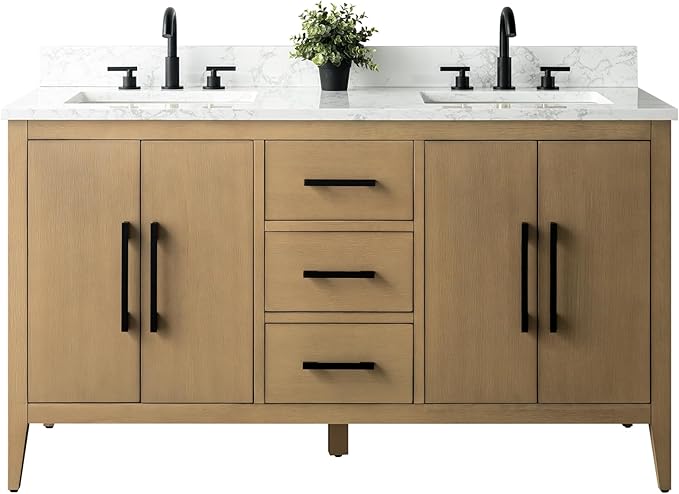 Vanity Art 60 inch Bathroom Vanity with Double Sink & Ceramic Top, Vanity Cabinet with Soft-Closing Doors, Drawers, Solid Wood Frame, Natural Oak, VVA9060-DNO-MB1