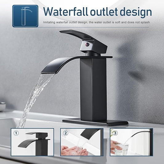 Black Bathroom Faucet Waterfall Single Handle Bathroom Sink Faucet with Pop-up Drain, Bathroom Faucet One Hole or 3 Hole with Deck Plate