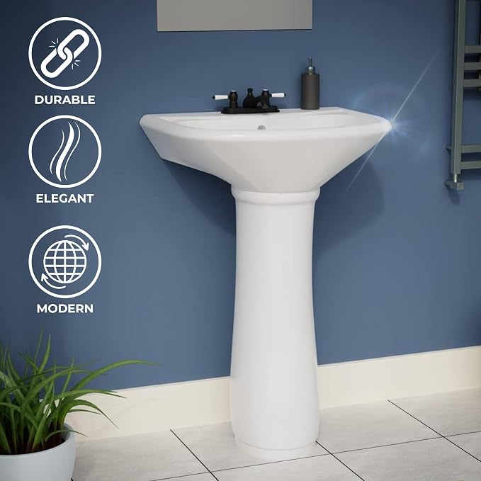 Renovators Supply Manufacturing Ondine Space Saving 16" W x 33" H x 14.5" Proj. Small Bathroom Pedestal Sink, Vitreous China, with Overflow, Compatible with 4 in. Centerset Faucets