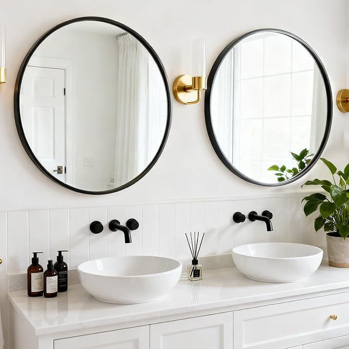 Round Wall Mirror 24 Inch Black Vanity Mirror with Metal Frame | Modern Circle Wall Mounted Decorative Mirrors for Bathroom, Entryway, Bedroom, Living Room