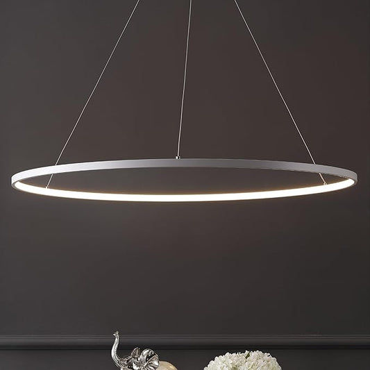 JONATHAN Y 35" Matte White Modern Integrated LED Pendant Light, Dimmable Round Hoop Chandelier for Kitchen Island, Dining Room, Adjustable Height Metal Hanging Light (JYL7220I)