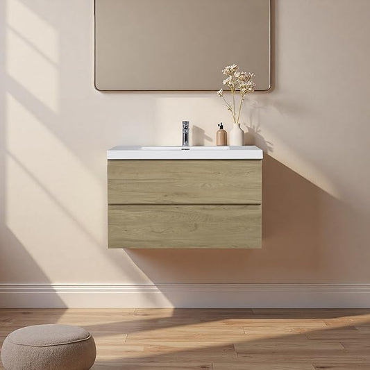 Floating Bathroom Vanity with Sink, 36" Wall-Mounted Bathroom Storage Cabinet with Resin Countertop & 2 Soft Close Drawers, Modern Stylish Vanity with Open Back Design, Easy to Clean, Oak