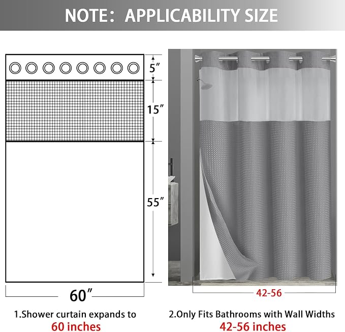 No Hook Shower Curtain with Liner Set Hotel Waffle Curtain Grey 60W X 75L | Washable Snap in Fabric Liner, Mesh Top Window, Waffle Hotel Style Shower Curtain Set