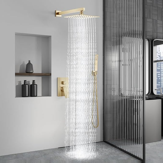 Aolemi Shower Faucet Set with Handheld Brushed Gold 12 Inch Head | Pressure Balance Shower Valve and Trim Kit,SUS304 Rain Head and Handle System,All Metal,Wall Mount,Bathroom,Handheld Spray