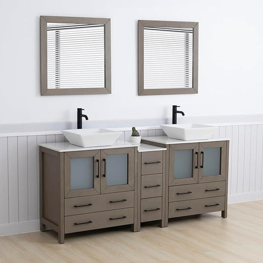 Vanity Art 72 Inch Vessel Double Sink Bathroom Vanity Cabinet with 2 Mirrors, Engineered Marble Top Bathroom Cabinet Compact Set with 7 Dovetail Drawers and Soft Closing Doors, VA3130-72DG