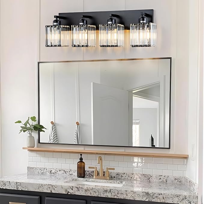 Modern Crystal Bathroom Vanity Light 4-Lights Modern Black Crystal Bathroom Wall Light Fixtures Over Mirror