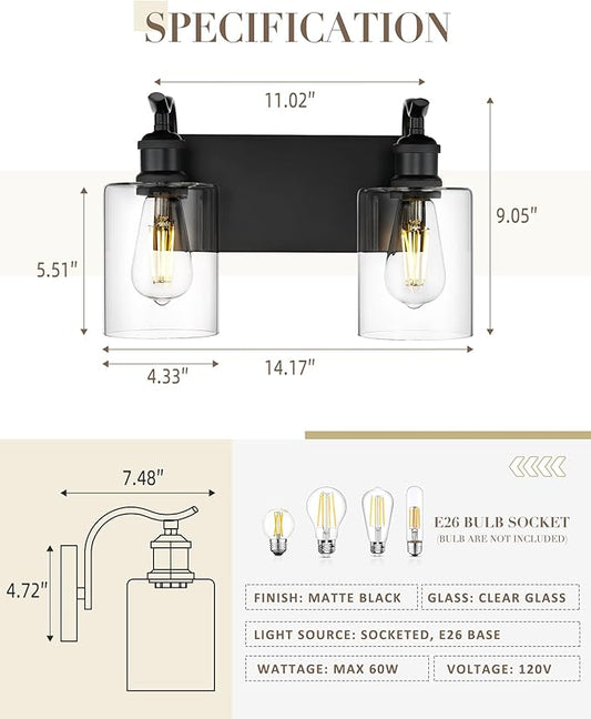 2-Light Black Bathroom Light Fixture Over Mirror, Modern Vanity Light, Clear Glass Wall Sconce, VL01BK-2