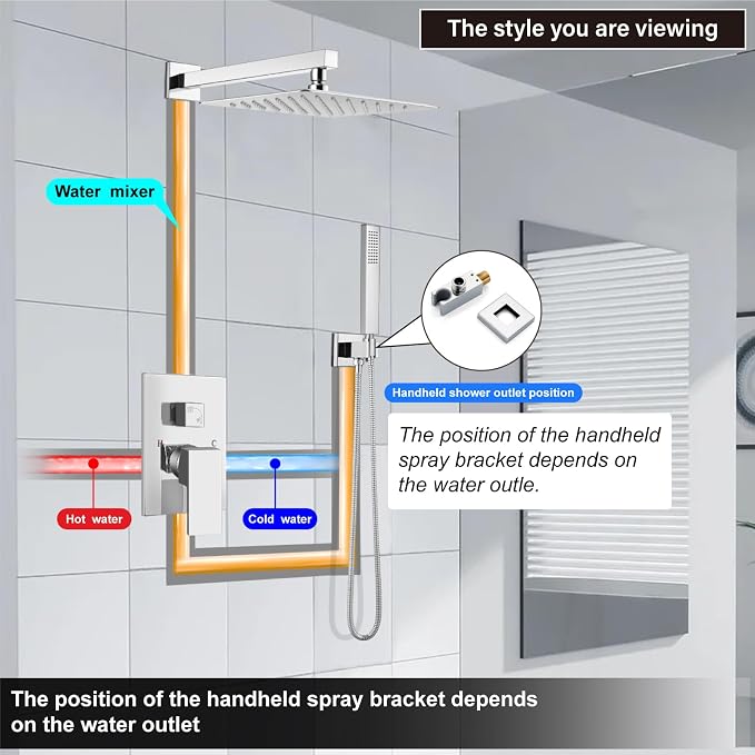 Midanya Shower Faucet Set with Handheld Sprayer,10 Inch,Polish Chrome | Rough-in Shower Valve and Trim Kit Included,Square Rain Head,Wall Mount Shower System,All Metal,Bathroom