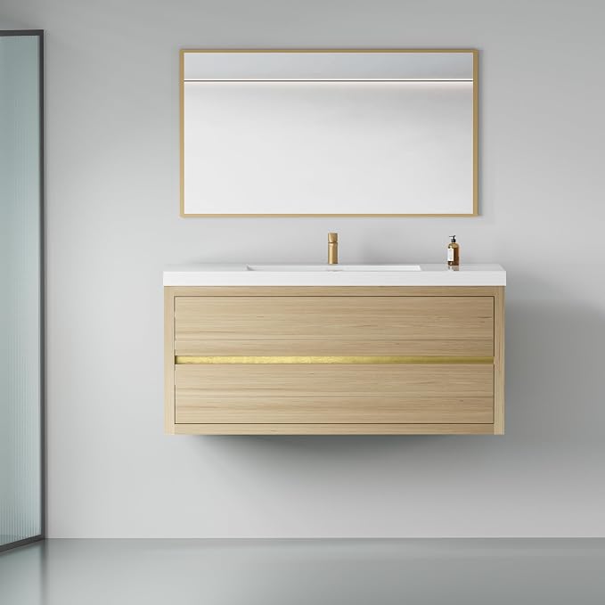 48" Floating Bathroom Vanity with Sink, Wall-Mounted Bathroom Storage Vanity Cabinet with Resin Top Basin and Soft Close Drawers, Fully Assembled, Natural Oak