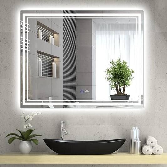 SaniteModar Bathroom Mirror with Lights 48x36 in, Led Mirror for Bathroom, Led Bathroom Mirror, 3 Color Dimmable, Anti Fog, Touch Button, CRI90+, Horizontal/Vertical
