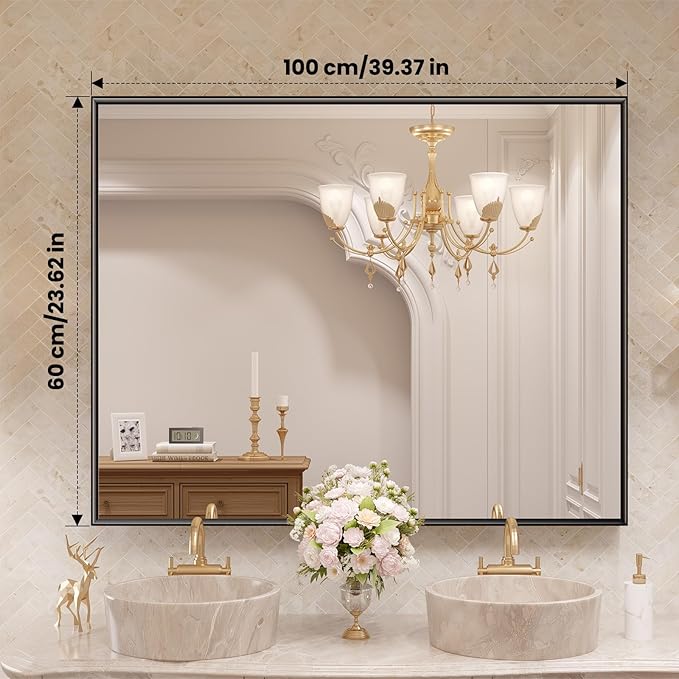 LOAAO Black Bathroom Mirror 40"X24" Rectangle Vanity Mirror | Tempered Glass, Hangs Vertically or Horizontally, Easy to Install, Modern Design