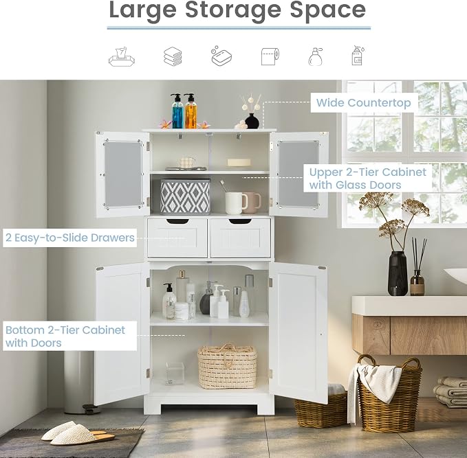 GIANTEX Floor Storage Cabinet, Freestanding Bathroom Cabinet with 2 Glass Doors, 2 Drawers & Adjustable Shelves, Multifunctional 50.5” Tall Storage Organizer Cupboard for Kitchen Living Room, White