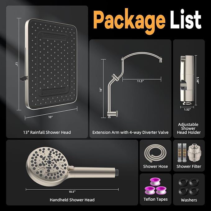 Hibbent Dual-Filtered 13" Shower & 10-Mode Handheld Combo, Brushed Nickel | High Pressure 5-Spray Showerhead, 4-way Diverter, Heightened All Metal Extension Arm, 3 Filter Cartridges, Easy Reach