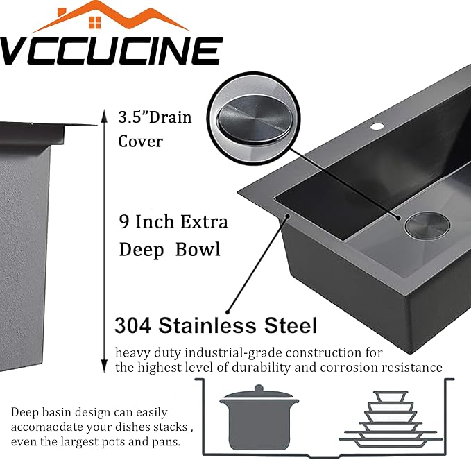 VCCUCINE 25 Inch Black Drop in Kitchen Sink,25x22 Inch Gunmetal Black Single Bowl Stainless Steel Basin Topmount Kitchen Sink,16 Gauge Metal Laundry Sink Black Small Kitchen Sink