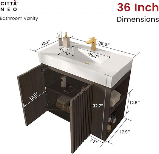 36" Bathroom Vanity with Sink, Freestanding Single Sink Bathroom Vanity with White Engineered Stone Top & Open Side Storage, Soft-Closing Doors with Adjustable Shelf, Smoked Oak Brown