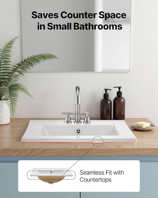 VEVOR Semi Recessed Bathroom Sink, 20.08 x 18.31 Inch Rectangular White Ceramic Vessel Sink with Overflow and 3 Faucet Holes, Drop in Modern Lavatory Vanity Bath Wash Bowl Basin Rectangle Small Space