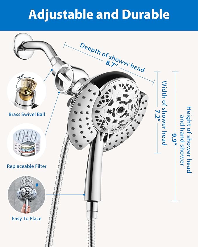 2 in 1 Shower Head with Handheld Combo High Pressure Chrome 2.5 GPM | 7.2" Rain Showerhead and 10 Spray Hand Held Shower, Adjustable Shower Angle, 59-inch Rotatable Stainless Steel Hose