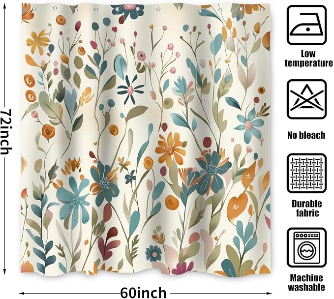 Colorful Floral Shower Curtain, Wildflower Plant Leaves Cute Flower Spring Herbs Waterproof Fabric Machine Washable for Bathroom Bathtub with Hooks 60Wx72H