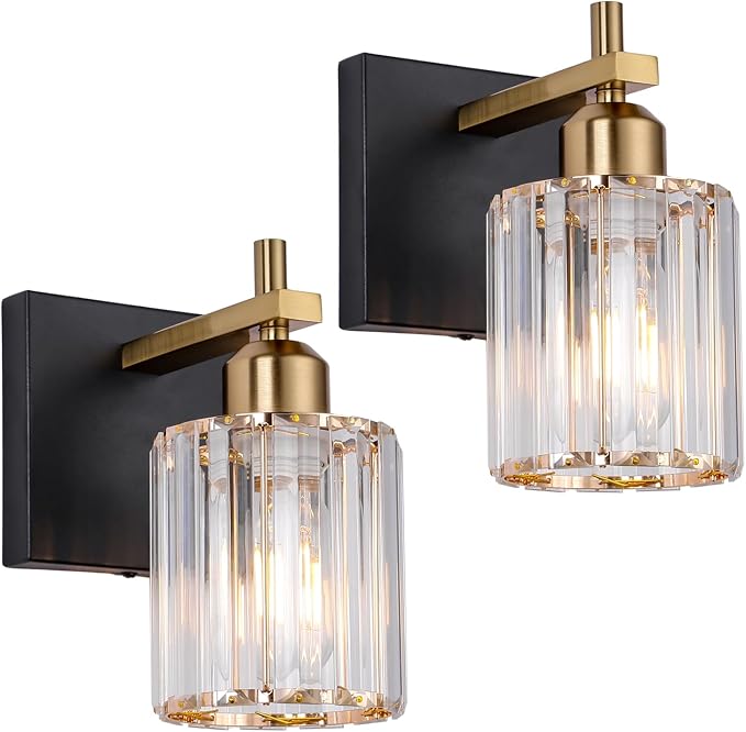 Black Gold Wall Sconces Set of 2: Modern Vanity Lights with Crystal Glass Shade, Bathroom Sconces Set of Two, Crystal Wall Light Fixtures for Bath Mirror Living Room Bedroom Hallway Kitchen, E26 Base