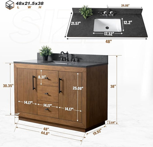 HOMEBEYOND 48" Bathroom Vanity with Single Sink & Ceramic Top, MDF Material Vanity Cabinet with Basin Combo, Soft-Closing Doors, Removable Shelf, Backsplash, Tan