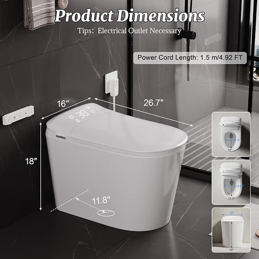 Smart Bidet Toilet with Tank Foam Shield Dual Auto Flush/Lid&Seat | Foot Sensor UV-C light Electric Modern One Piece Toilet for Bathroom with Siphon Dual Flush 0.8/1.2 GPF MAP 1000g