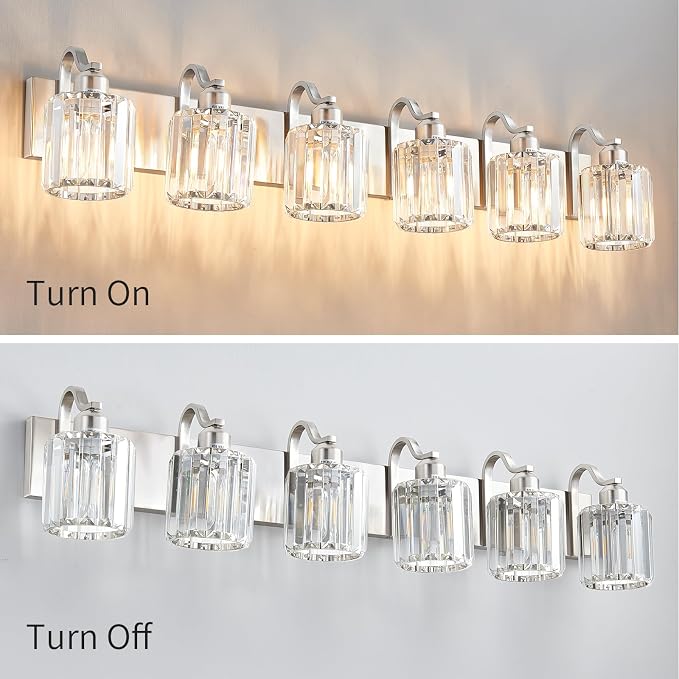 Crystal Bathroom Lighting Fixtures Over Mirror, 6 Light Brushed Nickel Vanity Light, Modern Bath Wall Sconce Lighting for Bedroom Living Room (Exclude Bulb)