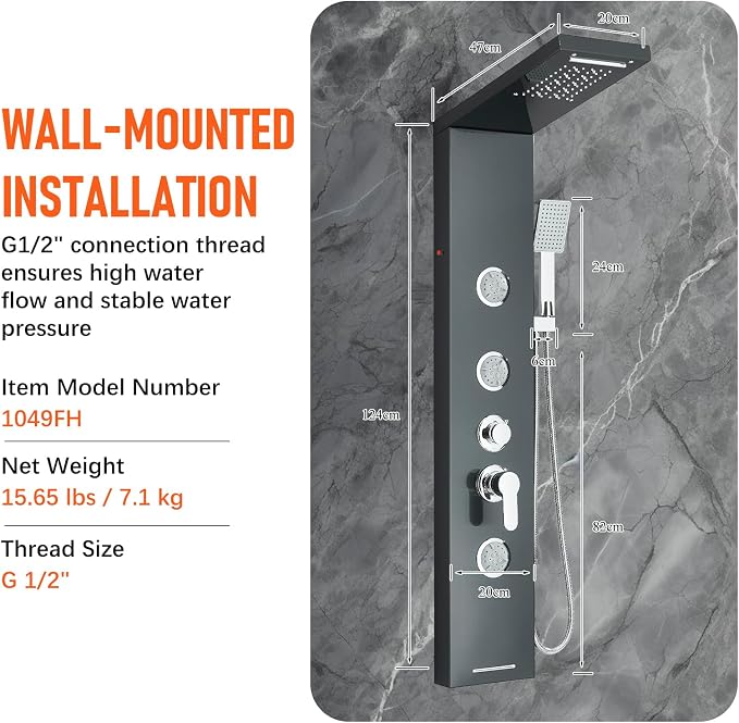 Fuz LED Shower Panel Tower System with Rainfall Waterfall Shower, Black Shower Tower with Jets and Rainfall and Handheld, 5 in 1 Stainless Steel Shower Column High Pressure with Tub Spout