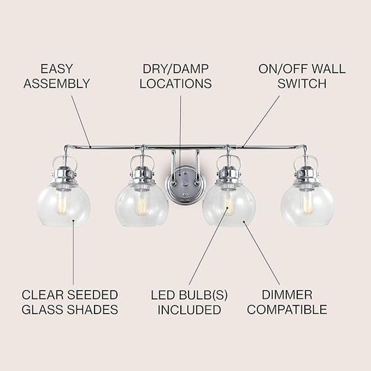 JONATHAN Y 34" Chrome Shirley 4-Light Bathroom Vanity Light, Metal Wall Sconce, Clear Seeded Glass Shade, Modern Transitional Farmhouse Fixture, LED Bulbs Included (JYL7406A)