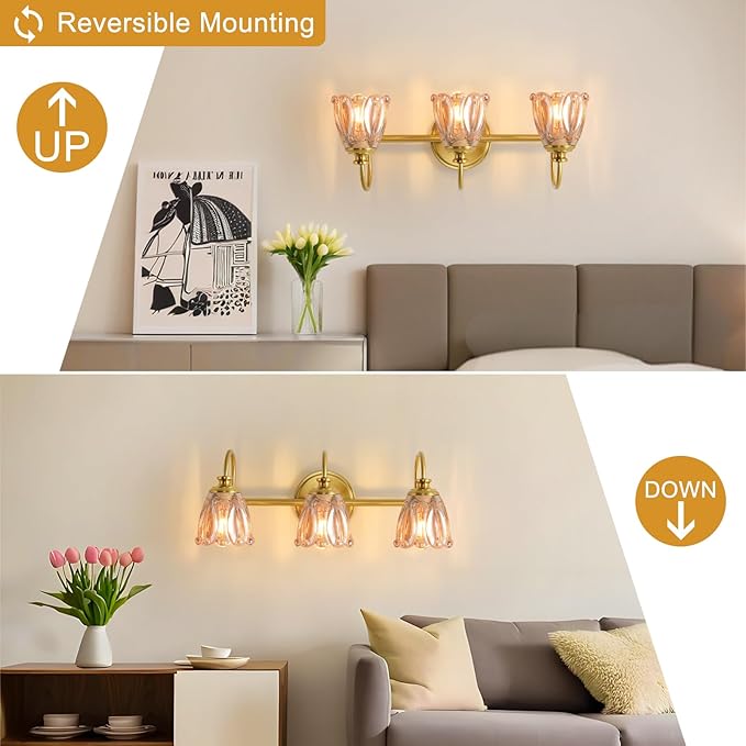 Bathroom Light Fixtures (3-Light), Vintage Brushed Gold Vanity Lights for Bathroom with Amber Tulip Crystal Glass Shade, Vanity Wall Light Over Mirror for Bedroom Living Room Hallway
