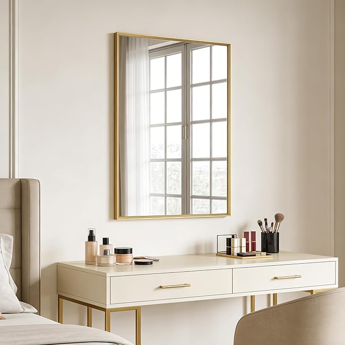 Bathroom Mirror for Wall, 30x20 Inch Framed Vanity Mirror Brushed Gold | Rectanglar Metal Beveled Framed Mirror for Over Sink, Tempered Glass, Anti-Rust, Hangs Horizontally or Vertically