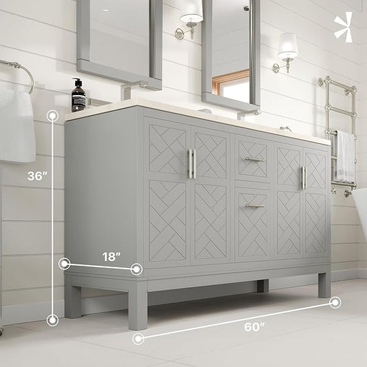 Eviva Cambridge 60 in. Gray Double Sink Bath Vanity with Quartz Top and Undermount Porcelain Sinks