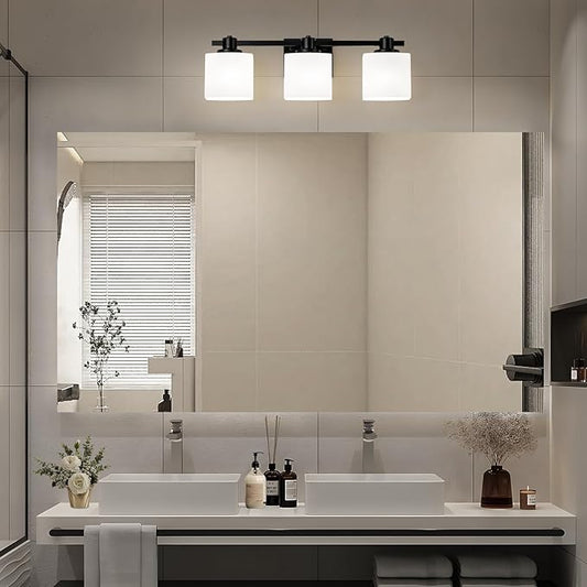 24 Inch Black Bathroom Light Fixtures over Mirror 3 Light Matte Black Vanity Light Milk Glass Makeup Shower Lamp Small Farmhouse Wall Sconce Modern Desk Vintage Rustic Bath above Sink Lighting